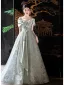 Chic / Beautiful Sage Green Printing Sequins Prom Dresses 2024 A-Line / Princess Off-The-Shoulder Short Sleeve Backless Floor-Length / Long Prom Formal Dresses