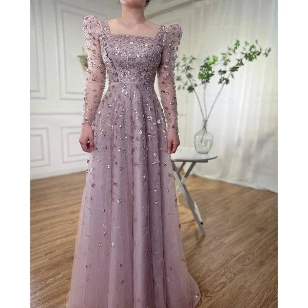 High End Meeresblau Handgefertigt Perlenstickerei Pailletten Ballkleider 2024 A Linie Eckiger Ausschnitt Lange Ärmel Lange Ball Festliche Kleider