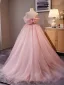 Elegant Blushing Pink Flower Prom Dresses 2024 Ball Gown Off-The-Shoulder Short Sleeve Backless Sweep Train Prom Formal Dresses