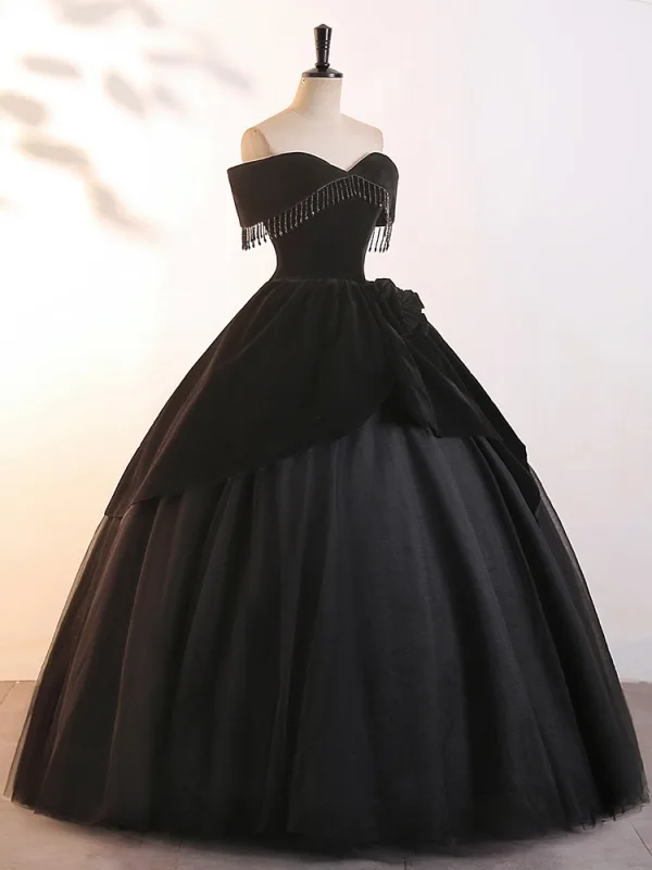 Demure Black Beading Tassel Prom Dresses 2025 Ball Gown Off-The-Shoulder Sleeveless Backless Floor-Length / Long Prom Formal Dresses