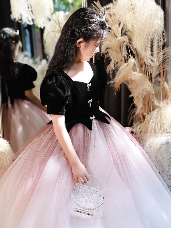Chic / Beautiful Black Suede Birthday Flower Girl Dresses 2022 Ball Gown Square Neckline Rhinestone Bow Puffy Short Sleeve Floor-Length / Long Flower Girl Dresses