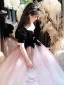Chic / Beautiful Black Suede Birthday Flower Girl Dresses 2022 Ball Gown Square Neckline Rhinestone Bow Puffy Short Sleeve Floor-Length / Long Flower Girl Dresses