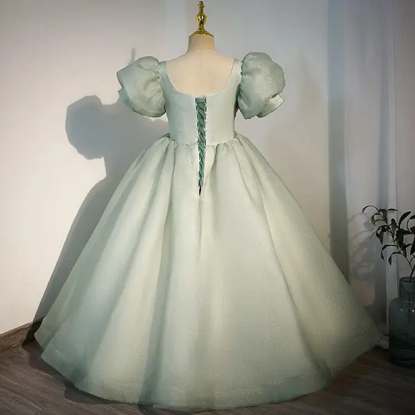 Chic / Beautiful Sage Green Sequins Birthday Flower Girl Dresses 2022 Ball Gown Square Neckline Bow Puffy Short Sleeve Backless Floor-Length / Long Flower Girl Dresses