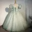 Chic / Beautiful Sage Green Sequins Birthday Flower Girl Dresses 2022 Ball Gown Square Neckline Bow Puffy Short Sleeve Backless Floor-Length / Long Flower Girl Dresses
