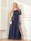 Schöne Marineblau Glanz Gespaltete Front Ballkleider 2024 A Linie One-Shoulder Seitlicher Reißverschluss Kurze Ärmel Rückenfreies Lange Ball Festliche Kleider