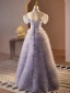 High-end Lavender Beading Pearl Sequins Ruffle Prom Dresses 2024 A-Line / Princess Off-The-Shoulder Short Sleeve Backless Floor-Length / Long Prom Formal Dresses