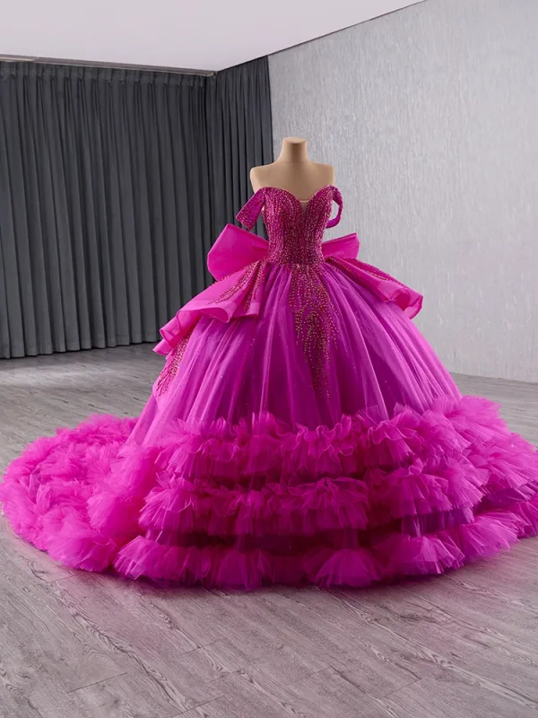 High-end Fuchsia Beading Sequins Cascading Ruffles Prom Dresses 2025 Ball Gown Off-The-Shoulder Sleeveless Backless Bow Chapel Train Prom Formal Dresses