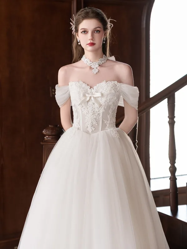 Elegant White Lace Flower Wedding Dresses 2025 A-Line / Princess Off-The-Shoulder Sleeveless Backless Floor-Length / Long Wedding