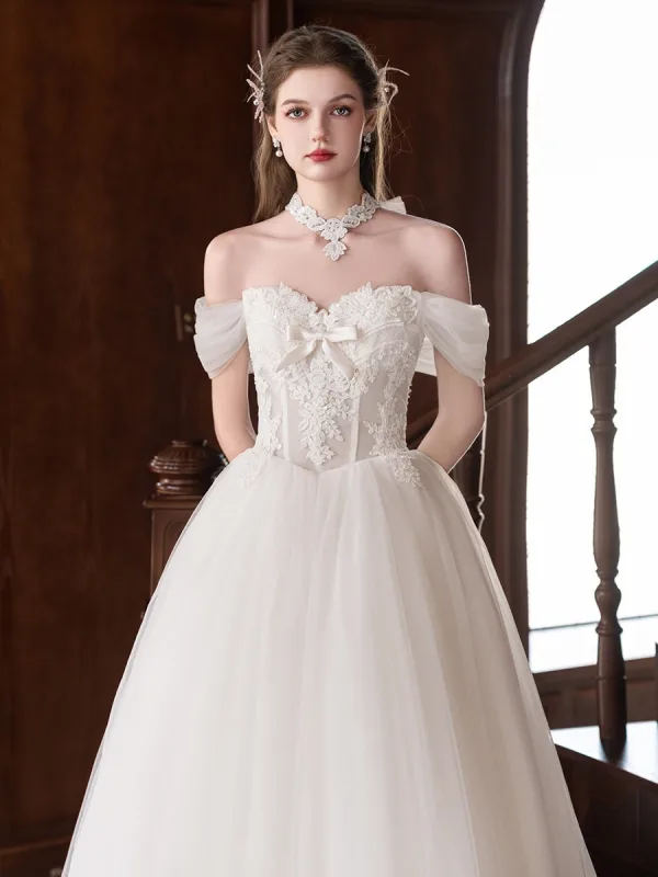 Elegant White Lace Flower Wedding Dresses 2026 A-Line / Princess Off-The-Shoulder Bow Sleeveless Backless Floor-Length / Long
