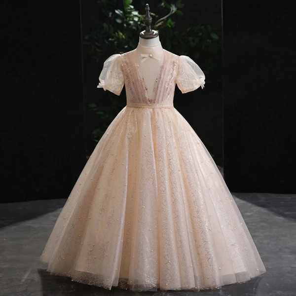 Chic / Beautiful Grey Glitter Pearl Sequins Flower Girl Dresses 2022 Ball Gown High Neck Puffy Short Sleeve Floor-Length / Long Prom Flower Girl Dresses