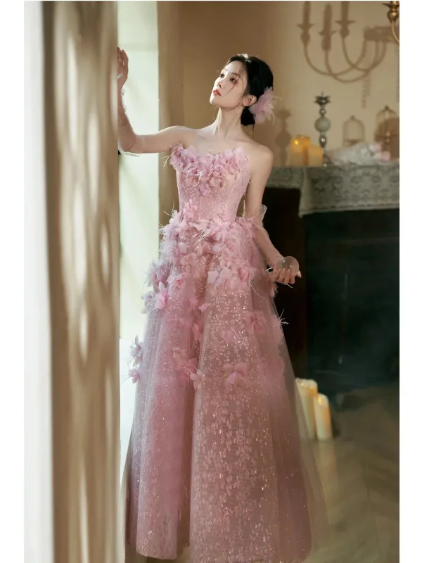 Flower Fairy Candy Pink Sequins Appliques Tassel Prom Dresses 2025 A-Line / Princess Strapless Sleeveless Backless Floor-Length / Long Prom Formal Dresses
