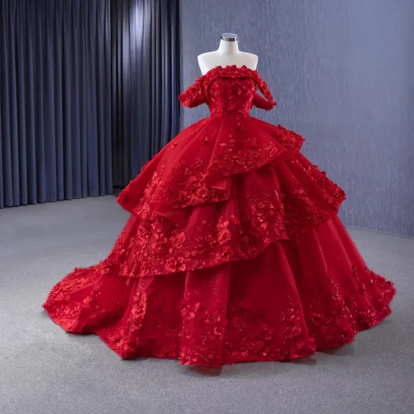 High-end Burgundy Glitter Pearl Appliques Cascading Ruffles Prom Dresses 2023 Ball Gown Off-The-Shoulder Sleeveless Backless Court Train Prom Formal Dresses