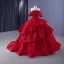 High-end Burgundy Glitter Pearl Appliques Cascading Ruffles Prom Dresses 2023 Ball Gown Off-The-Shoulder Sleeveless Backless Court Train Prom Formal Dresses