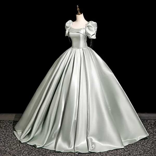 Demure Grey Satin Prom Dresses 2025 Ball Gown Square Neckline Short Sleeve Backless Bow Floor-Length / Long Prom Formal Dresses