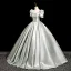 Demure Grey Satin Prom Dresses 2025 Ball Gown Square Neckline Short Sleeve Backless Bow Floor-Length / Long Prom Formal Dresses