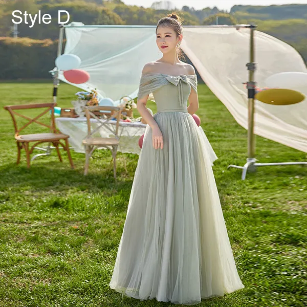 Modest / Simple Mint Green Bow Bridesmaid Dresses 2022 A-Line / Princess Short Sleeve Backless Floor-Length / Long Wedding Party Dresses