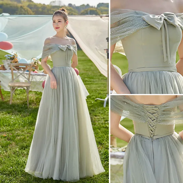 Modest / Simple Mint Green Bow Bridesmaid Dresses 2022 A-Line / Princess Short Sleeve Backless Floor-Length / Long Wedding Party Dresses