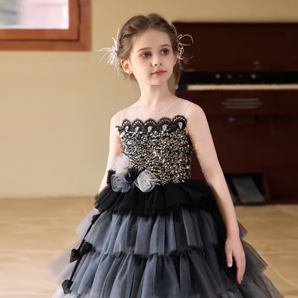Chic / Beautiful Black Gradient-Color Rhinestone Sequins Cascading Ruffles Flower Girl Dresses 2025 Ball Gown Scoop Neck Birthday Sleeveless Backless Floor-Length / Long