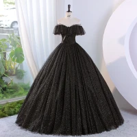 Sjarmerende Svart Glitter Perle Rhinestone Ballkjoler 2023 Ballkjole Av Skulderen Uten Ermer Ryggløse Lange Ball Formelle Kjoler