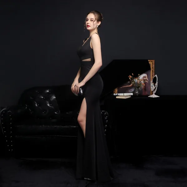 Sexy Black Beading Split Front Evening Dresses 2022 Trumpet / Mermaid V-Neck Sleeveless Backless Floor-Length / Long Evening Party Formal Dresses