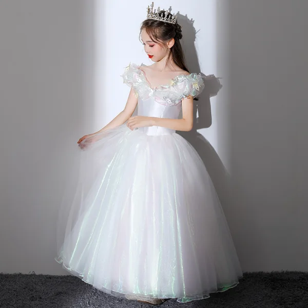 Cinderella White Butterfly Appliques Prom Flower Girl Dresses 2022 Ball Gown V-Neck Short Sleeve Backless Floor-Length / Long Flower Girl Dresses