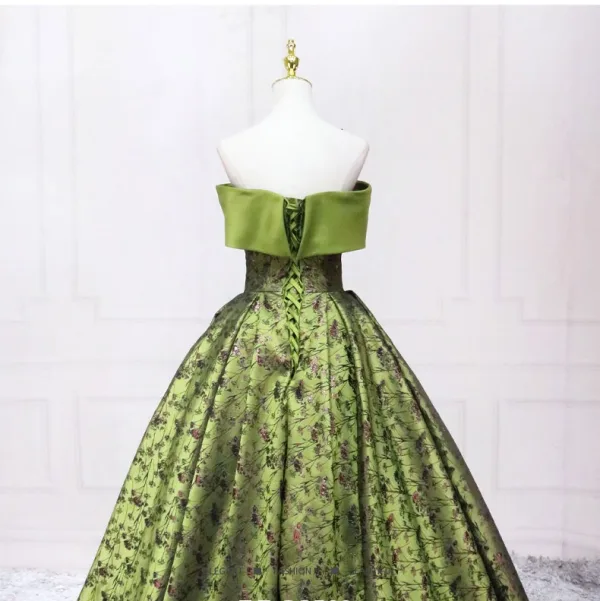 Vintage Salbeigrün Drucken Ballkleider Ballkleid 2025 Bandeau Schleife Ärmellos Rückenfreies Lange Ball Festliche Kleider