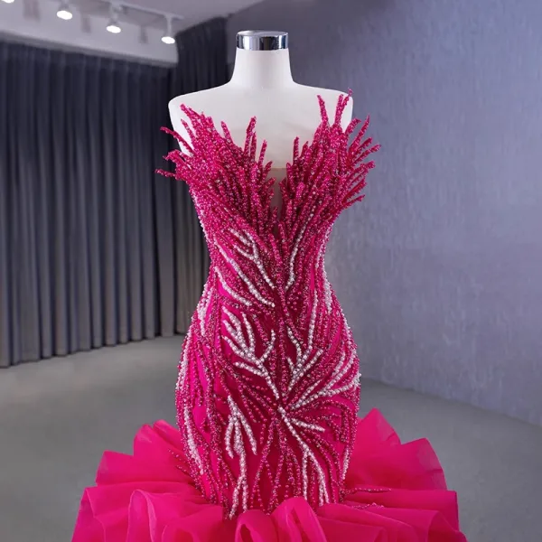 High-end Fuchsia Handmade  Beading Pearl Sequins Cascading Ruffles Prom Dresses 2023 Trumpet / Mermaid Strapless Sleeveless Backless Royal Train Prom Formal Dresses