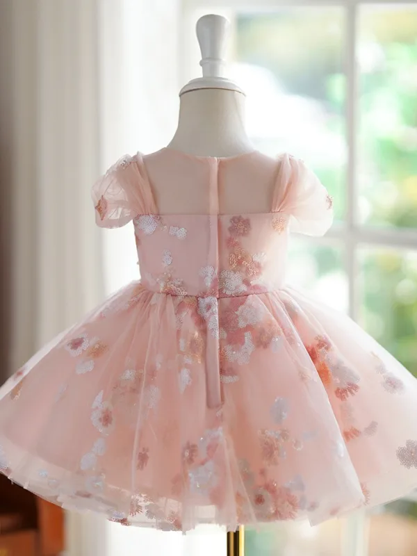 Chic / Belle Rougissant Rose Appliques Paillettes Anniversaire Robe Ceremonie Fille Robe Ceremonie Fille 2024 Robe Boule Tulle Encolure Dégagée Courte Mancherons