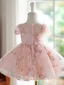 Chic / Belle Rougissant Rose Appliques Paillettes Anniversaire Robe Ceremonie Fille Robe Ceremonie Fille 2024 Robe Boule Tulle Encolure Dégagée Courte Mancherons