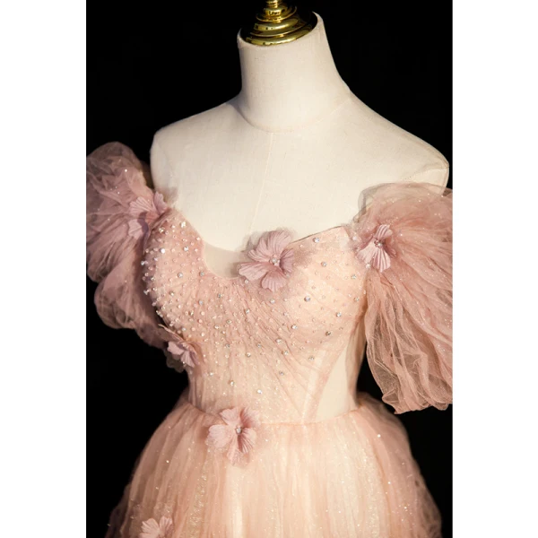 Chic / Belle Rougissant Rose Appliques Paillettes Robe De Bal 2023 Princesse De l'épaule Perle Faux Diamant Manches Courtes Dos Nu Longue Robe De Ceremonie