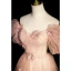 Chic / Belle Rougissant Rose Appliques Paillettes Robe De Bal 2023 Princesse De l'épaule Perle Faux Diamant Manches Courtes Dos Nu Longue Robe De Ceremonie