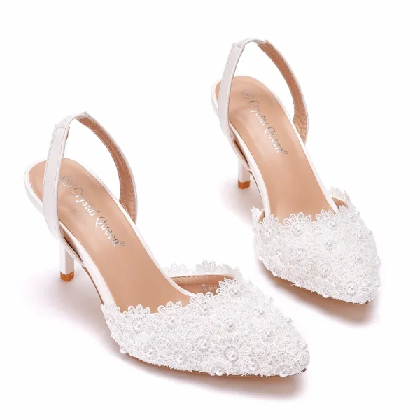 Chic / Beautiful White Pearl Lace Flower Wedding Shoes 2022 Leather Pointed Toe 7 cm Stiletto Heels Wedding Sandals High Heels