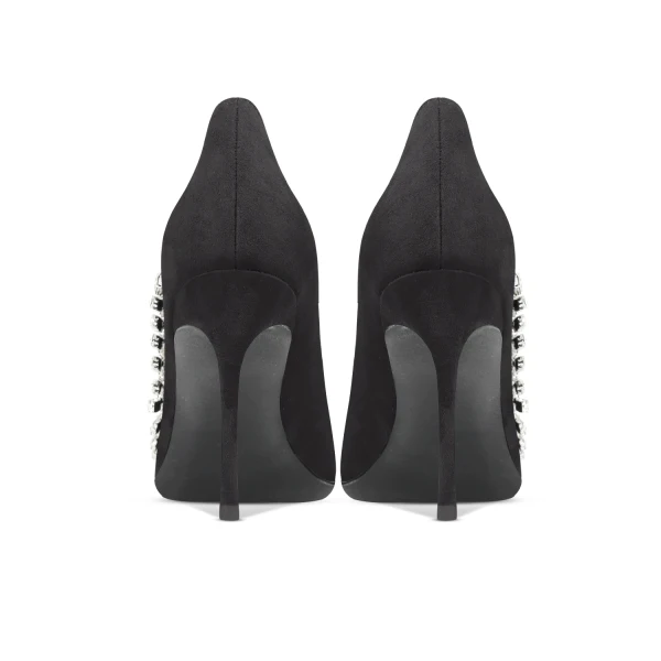 Fashion Black Rhinestone Evening Party Suede Pumps 2024 Leather 10 cm Stiletto Heels Pointed Toe Pumps High Heels