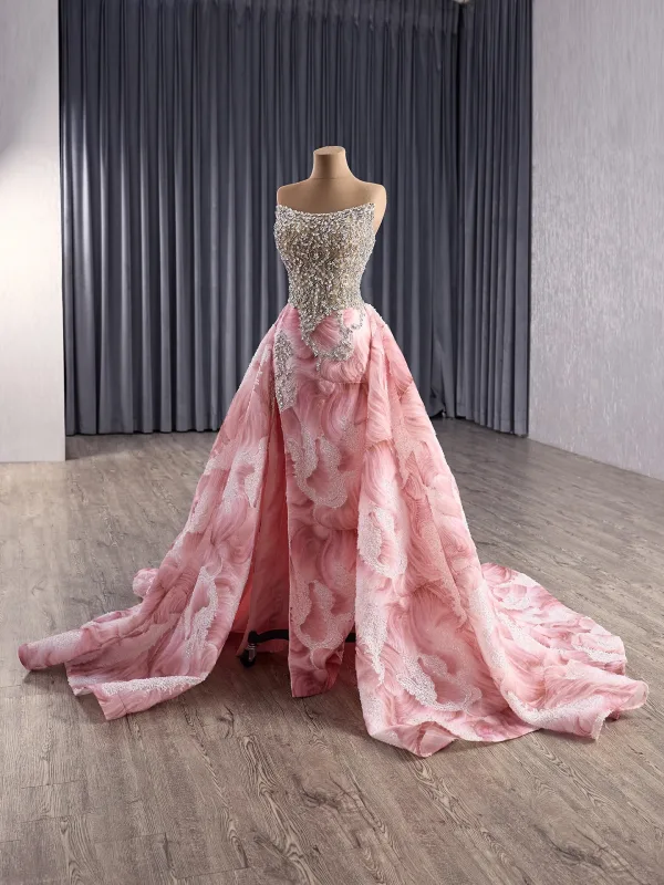 Haut de Gamme Rougissant Rose Fait main Faux Diamant Fendue devant Robe De Bal 2025 Trompette / Sirène Bustier Sans Manches Dos Nu Tribunal Train Robe De Ceremonie