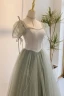 Chic / Beautiful Sage Green Prom Dresses 2022 A-Line / Princess Square Neckline Puffy Short Sleeve Bow Rhinestone Floor-Length / Long Formal Dresses