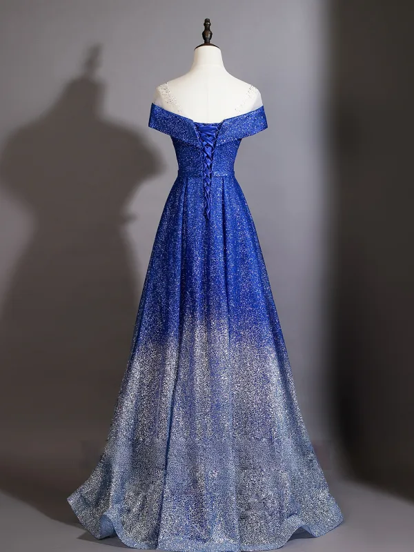 Vintage / Retro Royal Blue Gradient-Color Sequins Evening Dresses 2026 A-Line / Princess Scoop Neck Short Sleeve Backless Bow Sash