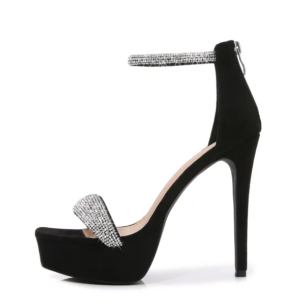Charmant Noire Été Soirée Sandales Femme 2022 Faux Diamant Bride Cheville 12 cm Talons Aiguilles Peep Toes / Bout Ouvert Sandales Talons Hauts