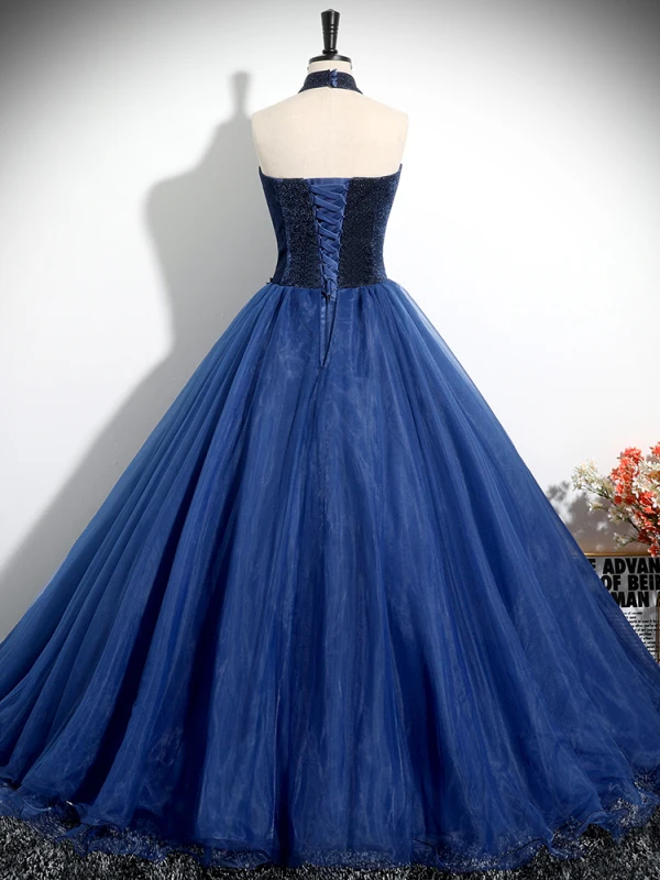 Vintage / Retro Navy Blue Beading Lace Flower Prom Dresses 2024 Ball Gown Halter Sleeveless Backless Floor-Length / Long Prom Formal Dresses