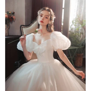 Illusion Blanche Robe De Bal 2022 Princesse Encolure Carrée Noeud Gonflée Manches Courtes Dos Nu Longue Promo Robe De Ceremonie