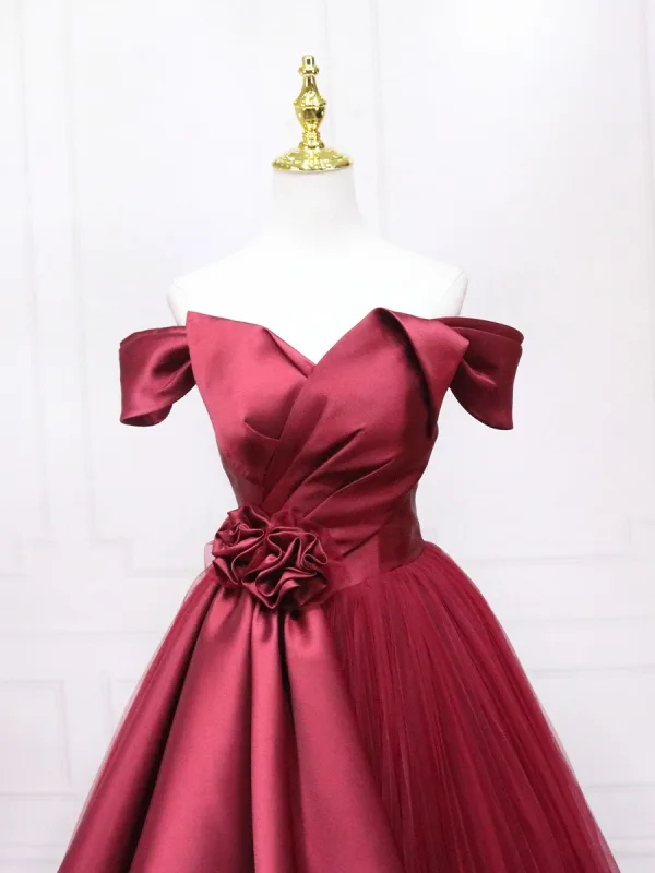Elegant Burgundy Prom Dresses 2025 Ball Gown Off-The-Shoulder Short Sleeve Backless Floor-Length / Long Prom Formal Dresses