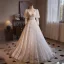 Elegant White Pearl Lace Flower Prom Dresses 2024 Ball Gown V-Neck 3/4 Sleeve Backless Sweep Train Prom Formal Dresses