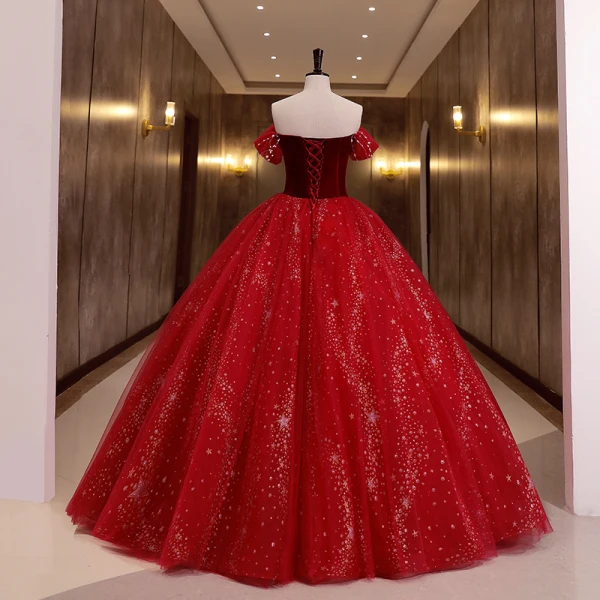 Chic / Beautiful Red Star Sequins Suede Prom Dresses 2022 Ball Gown Off-The-Shoulder Short Sleeve Backless Beading Floor-Length / Long Formal Dresses