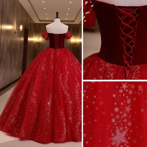 Chic / Beautiful Red Star Sequins Suede Prom Dresses 2022 Ball Gown Off-The-Shoulder Short Sleeve Backless Beading Floor-Length / Long Formal Dresses