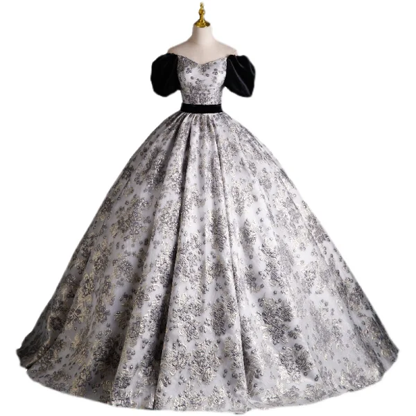 Elegant Black Printing Prom Dresses 2023 Ball Gown Off-The-Shoulder Puffy Short Sleeve Backless Bow Floor-Length / Long Prom Formal Dresses