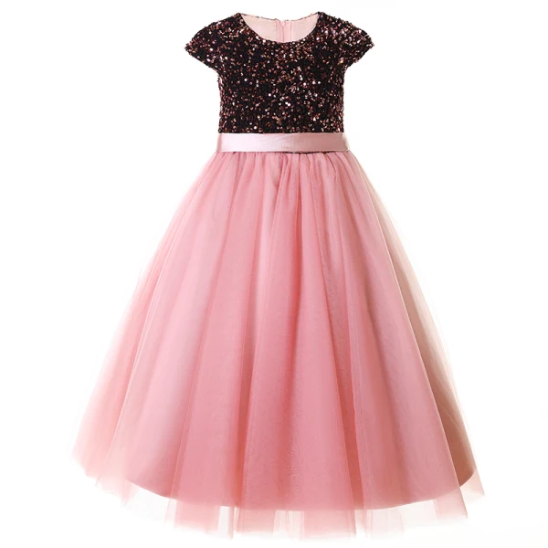 Lovely Candy Pink Sequins Birthday Flower Girl Dresses Ball Gown 2022 Scoop Neck Sash Bow Sleeveless Floor-Length / Long Flower Girl Dresses