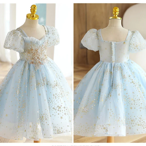 Fashion Sky Blue Star Sequins Birthday Flower Girl Dresses 2023 Ball Gown Square Neckline Short Sleeve Backless Floor-Length / Long Flower Girl Dresses