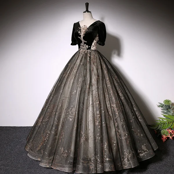 Elegant Black Suede Prom Dresses 2022 Ball Gown Scoop Neck Bell sleeves Backless Beading Sequins Floor-Length / Long Formal Dresses