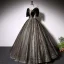 Elegant Black Suede Prom Dresses 2022 Ball Gown Scoop Neck Bell sleeves Backless Beading Sequins Floor-Length / Long Formal Dresses