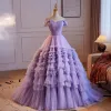 Chic / Beautiful Lavender Ruffle Prom Dresses 2024 Ball Gown Off-The-Shoulder Sleeveless Backless Sweep Train Prom Formal Dresses