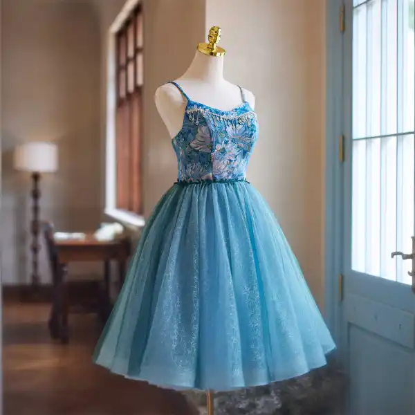 pale blue occasion dress Mini Long Sleeve Lace Cocktail Dress Homecoming & Sweet 16 main image 1